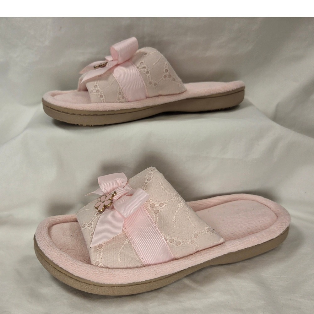 Isotoner Pink Lace Crochet Bow Slide On House Slipper Women Sz 6.5 7 relaxation